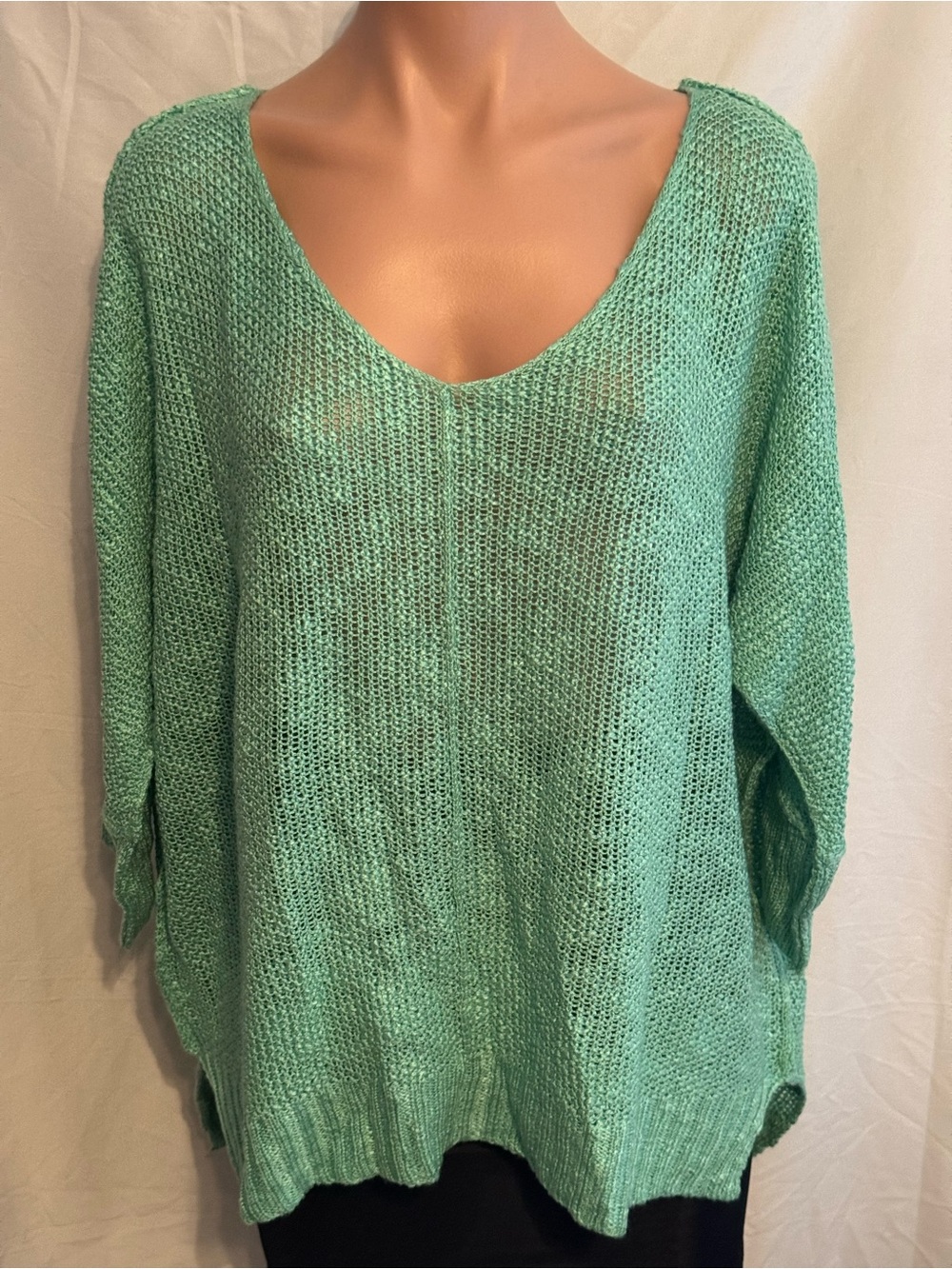 Pretty Turquoise V-Neck Knit Women's 3/4 Sleeve Oversized Sweater
